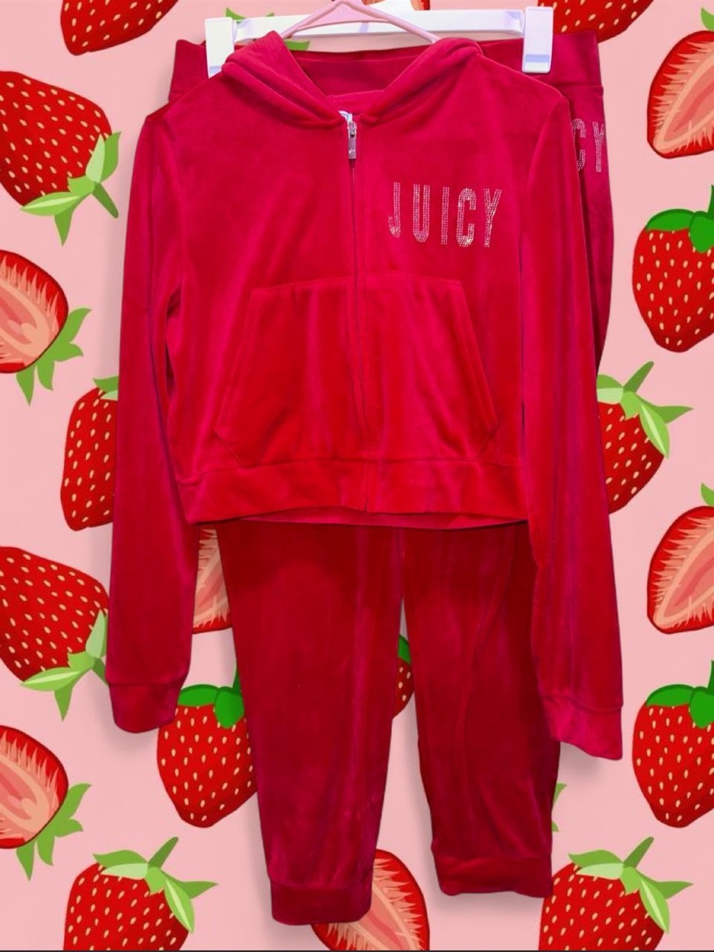 Juicy Couture Hot Red Velour Zip Hoodie & Joggers Set